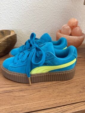 Puma Blue Turquoise Suede Platform Sneakers with Neon Yellow Stripe